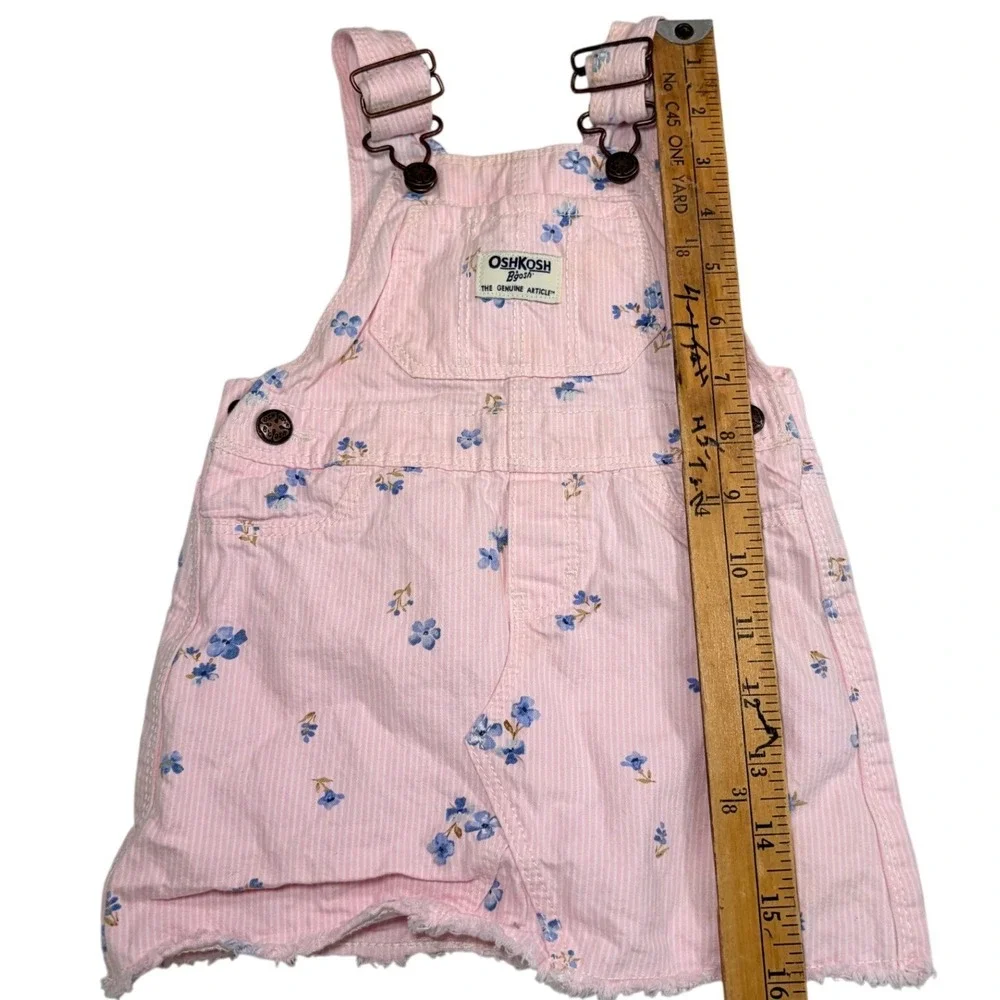 OshKosh Bgosh Baby Girls Pink Pinstripe Floral Overall Dress 18M Raw Hem